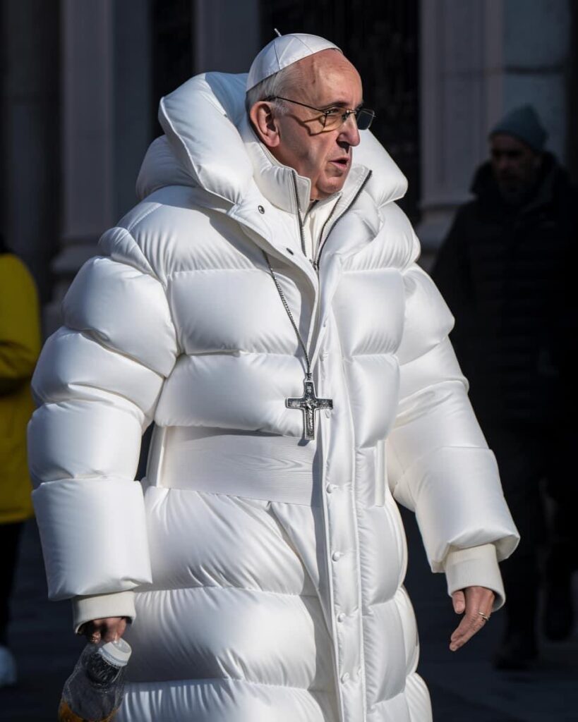 Pope wearing a puffy jacket